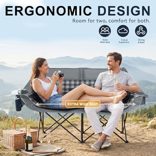 Image of Double Camping Chair 2 Person Loveseat, 800LBS Heavy Duty Chair, Plaid