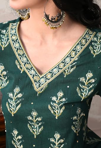 Image of MEERA FAB Women Floral Printed Sequined Cotton Straight Kurta with Palazzos & Dupatta | Sanganeri Print