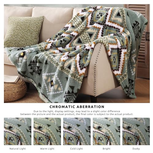 CASAAGUSTO Boho Sherpa Throw Blanket, Aztec,Ultra Soft, Warm, Cozy, Plush, Thick Fleece Throw Blanket for Couch, Bed, Sofa (Olive Green 50 * 60 Inch)