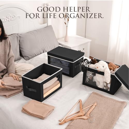 Image of Homsorout Stackable Storage Bins with Lids - Medium Storage Box with Lids, Foldable Closet Boxes for Organizing, Wardrobe Clothes Organizer with Window, Cubes Bins for Living Room, 5 Pack, Black