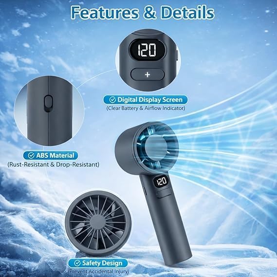 Image of Portable Handheld Fan (Multi-Color) - 120 Speed Stepless Adjustable Mini Turbo Fan, Rechargeable 1800mAh Battery, LED Digital Display, Type-C Fast Charging Desk Fan for Travel & Office