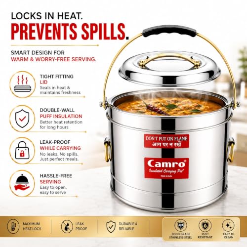 Image of Camro Sambar Pot Stainless Steel 3 Liters | Sambar Pot with Lid | Casserole for Cooking | Canteen & Hotel Casserole Container | Picnic Hot | Biryani Box Puff Insulated Hot & Cold Serving