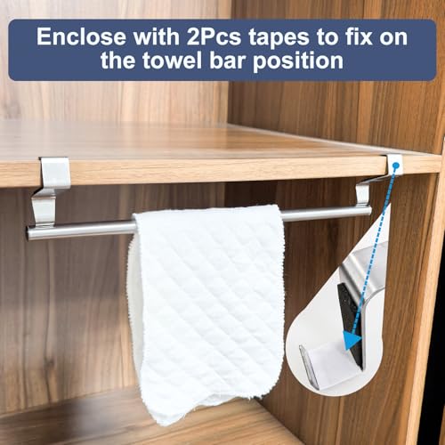 Image of Mziart Over The Door Towel Rack for Bathroom Kitchen, 14 Inch Brushed Stainless Steel Over Cabinet Towel Bar with Hooks, Cupboard Towel Holder, Space-Saving Towel Hanger, Silver