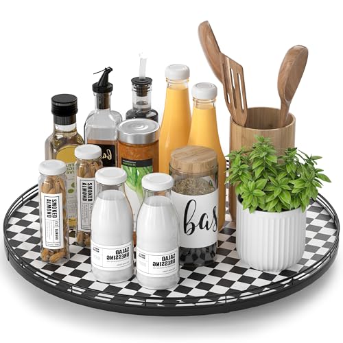 Image of 18 inch Black and White Kitchen Lazy Susan Turntable, Round Checkered Decorative Tray, Large Lazy Susan for Dining Table Centerpiece, Pantry, Kitchen, Bathroom, Countertop, Cupboard, Home Decor