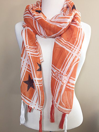 Gypsy Jewels Orange & White Plaid Texas Longhorn & Lone Star Fringe Tassel Lightweight Scarf2