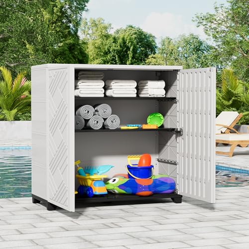 Image of KINYING Outdoor Storage Cabinet Waterproof, 60 Gallon Resin Outdoor Storage Shed for Patio /Garden /Backyard, Outdoor Storage Box for Cushions,Garden Tools and Pool Supplies(White with 1 Shelving)