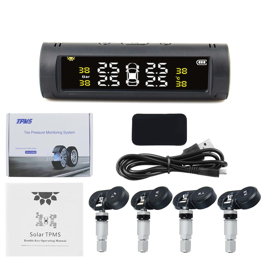 Tpms Sistema di monitoraggio dell'Allarme della Pressione dei Pneumatici for Auto Solare Sensore di Temperatura Interno ed Esterno dei Pneumatici a 4 Ruote Pressione Pneumatici(External)