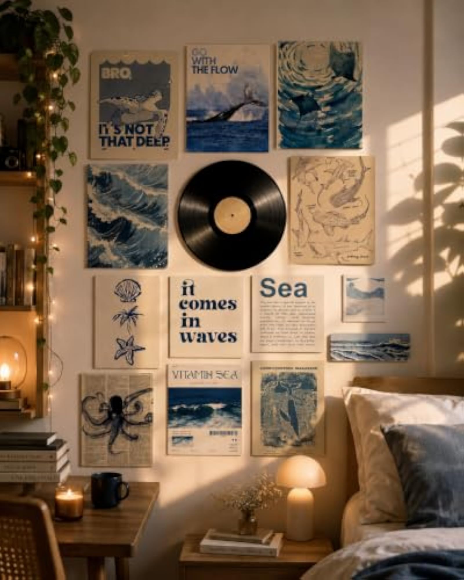 Aesthetic Ocean Wall Decor Set with Vinyl Record