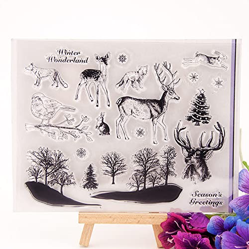 Image of Christmas Forest Animals Trees Clear Stamps Silicone Stamp Cards with Sentiments, Elk Rabbit Fox Bird Christmas TreeTransparent Seal Stamps for Holiday Card Making Decoration and DIY Scrapbooking