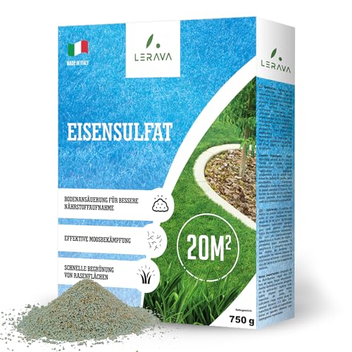 LERAVA® Eisensulfat [20m²] - Versorgung mit Eisen, Kalium, Magnesium - Moosvernichter Rasen- Bodenansäuerung für bessere Nährstoffaufnahme - Für jeden Rasentyp -Eisendünger Rasen – Rasendünger Eisen