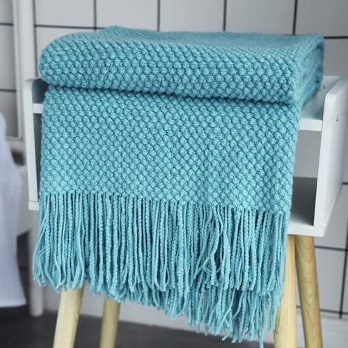 LOMAO Knitted Throw Blanket with Tassels Bubble Textured Lightweight Throws for Couch Cover Home Decor (Lake Blue, 50x60) - Thumbnail 7