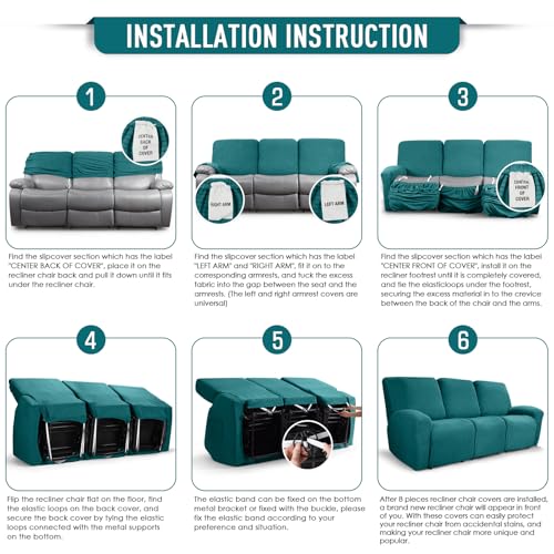 Image of TAOCOCO Recliner Sofa Covers 8-Pieces Stretch Large Couch Covers for 3 Seats Reclining Slipcovers Soft Jacquard Pattern Furniture Protector (Peacock Blue)