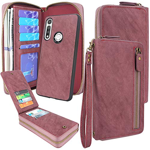 Lacass Dual Zipper Detachable Magnetic Leather Wallet Case Cover Wristlets Clutch Handbag Purse with 13 Card Slots Money Pocket for Moto G Fast (Wine red)