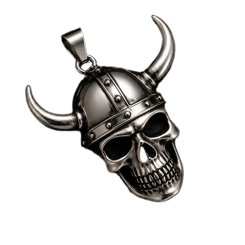 Stainless Steel Viking Skull Pendant Charm, Norse Warrior Helmet Skull Pendant, Gothic Biker Jewelry, Polished Silver Tone Statement 38x33 mm. RR_CSP_0276-image-2