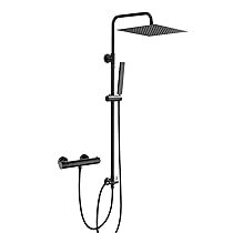 Görbach Colonna Doccia Con Miscelatore Termostatico Nero Opaco in Acciaio Inox 304 Fori Muro Regolabili Colonna Doccia con Rubinetto Set doccia a Pioggia con Soffione e Doccetta (U-30×30cm)