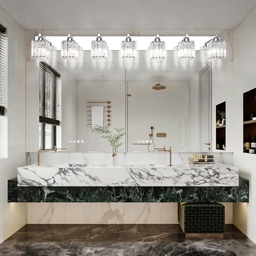 Image of Aipsun Bathroom Vanity Light Fixtures Chrome Vanity Light for Bathroom Crystal Vanity Lighting Fixtures 7 Light (Exclude Bulb)