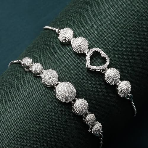 Image of ZENEME Set of 2 Rhodium Plated Silver Toned Crystals Contemporary Cubic Zirconia Brass Adjustable Bracelet For Women & Girls