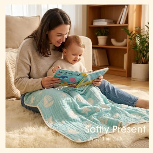 Image of 6-Layer Muslin Baby Blanket Made with Organic Cotton - Serene Ocean Life & Sea Wonders Theme,Swaddle & Crib Quilt, 43 inch x 43 inch,Green Ocean