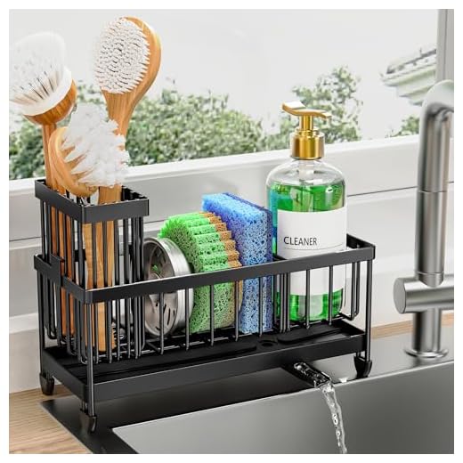 Cisily Soporte de esponja para fregadero de cocina, organizador de fregadero con soporte alto para cepillo, organizador de fregadero de cocina, encimera de acero inoxidable 304, dispensador de jabón,