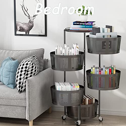 Rotating Storage Rack Metal Multi-Layer Stackable Storage Basket Cart Floor-Standing Layered Shelf Fruit Vegetable Snack Storage Bin With Wheels For Kitchen, Bedroom, Bathroom (Black, 5-Tier) #TOP4