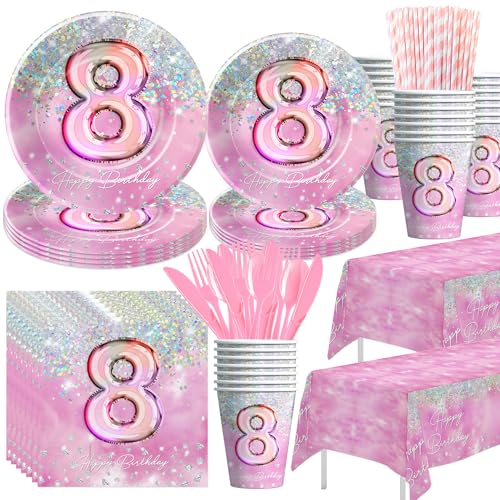 HIPVVILD Pink 8th Birthday Decorations Tableware, Girl Eighth Birthday Party Supplies, Plate, Cup, Napkin, Tablecloth, Cutlery, Glitter Diamond 8-Year-Old Table Decorations, Serves 24