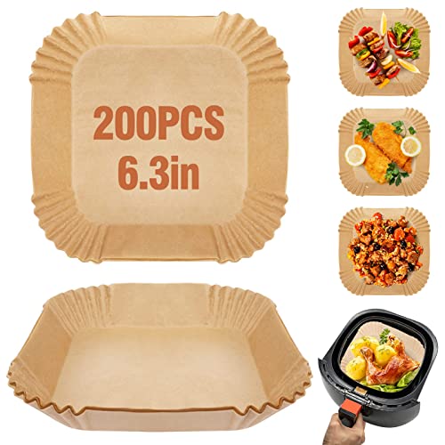 200 Stück Air Fryer Einweg-Liner,16 cm antihaftbeschichtetes quadratisches Pergamentpapier für Luftfritteuse,lebensmittelechtes Luftfritteusen-Backpapier für öldichtes, Braten, Mikrowelle Cover