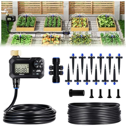 HIRALIY 50FT Automatic Drip Irrigation Kit with Timer, Quick-Connect Garden Watering System with 40FT 1/4' Tubing, 10FT Main Hose, 12 Adjustable Drippers for Patio, Raised Beds & Potted Plants