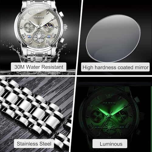 Image of OLEVS Men Watches Stainless Steel Chronograph Watch, Large Wrist Analog Quartz Watch, Fashion Waterproof Diamond Roman Numerals Dress Watches for Men, Gold /Black /White /Blue /Grey Dial