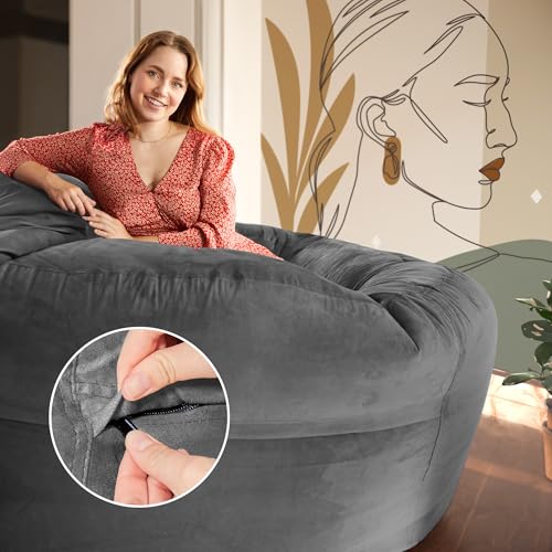 Green Bean Jumbo Max Riesensitzsack mit Memory-Schaum Flockenfüllung – Sitzsack XXL aus flauschigem Velours in 6ft (180x120cm) Dunkelgrau – Indoor Lounge-Sitzsack waschbar & gemütlich