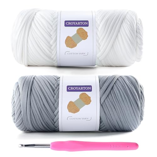 Image of 2 Pack Tshirt Yarn for Crocheting, Elastic T Shirt Spaghetti Thick Knitting Yarn Total Length 130 Yds for Crochet Bag Baskets Home Decor with 1 Crochet Hook (White+Light Gray)