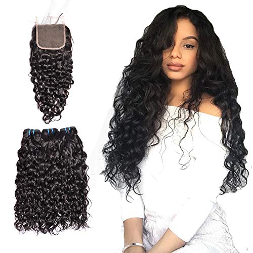 Brazilian Human Hair Water Wave 3 Bundles with Closure(20 20 20with 18),Wet and Wavy, 9A Unprocessed Curly Human Hair Bundles With Free Part Lace Closure
