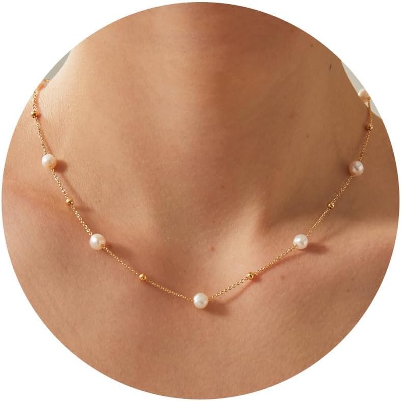 Pearl Necklace: 14K Gold-Plated/White Gold-plated Pearl Necklace for Women 16.5” + 2”