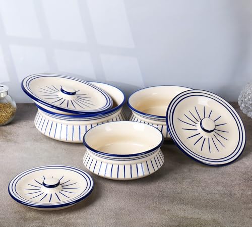 Image of Niyara Premium Ceramic Casserole /Donga Set with Lids - Handcrafted Serving Bowls for Hot Food, Microwave & Dishwasher Safe - Set of 3, Sizes: 1000ML, 650ML, 550ML (Blue line design)