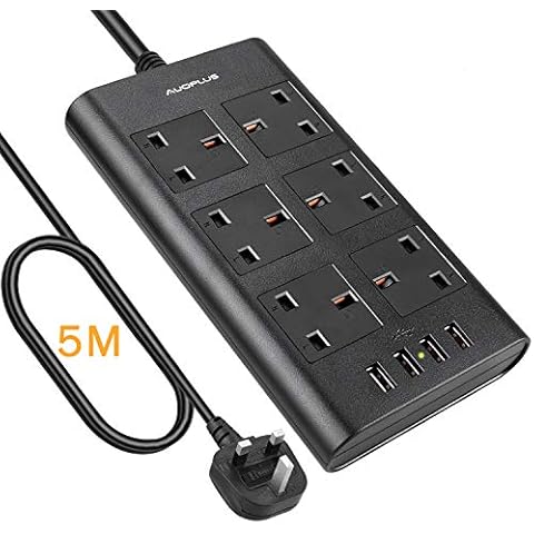 6 Way Extension Lead 5M, AUOPLUS Multi Plug Extension Lead with USB Solts, Overload Protection Power Strip, Black Extension Socket for TV PC Laptops iPhones Tablets Cover