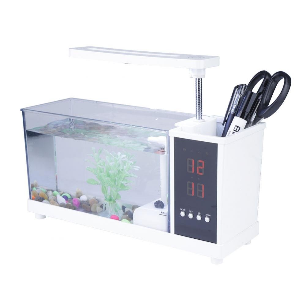 Garsent Acuario pequeño de cristal para peceras, multifuncional, USB, mini acuario con función de reloj, luz LED (blanco)