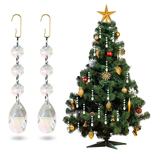 72 Pieces Crystal Beads Crystal Christmas Ornaments Hanging Crystal Decoration Teardrop Chandelier Crystals Rainbow with Ornament Hooks Crystal Chandelier Parts for Christmas Tree Decorations