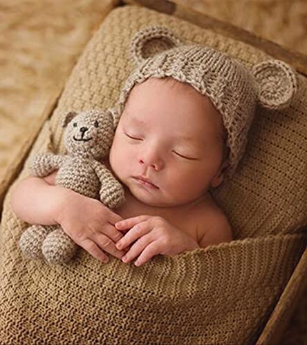 Isocute Newborn Photography Outfits Baby Photoshoot Props Boy Girl Hat Bear Infant First Picture Photo Gift Box Khaki #TOP1