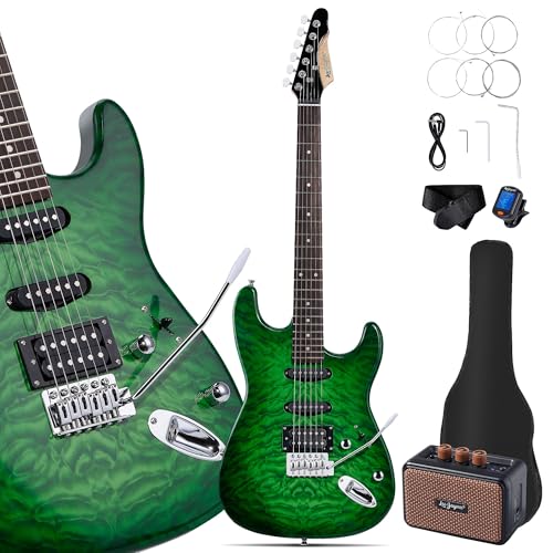 Leo Jaymz 39 Full Size ST Style Electric Guitar Starter Kit with SSH Pickup 5W Portable Amp Tuner Gig Bag Strap & Accessories (Green Ocean 5W)