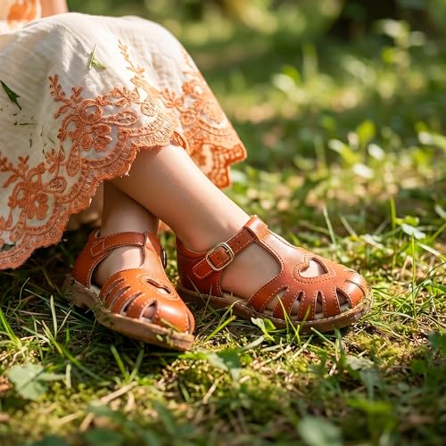 Image of THEE BRON Toddler Girls Closed-Toe Sandals Sweet Retro Cutout Summer Dress Shoes