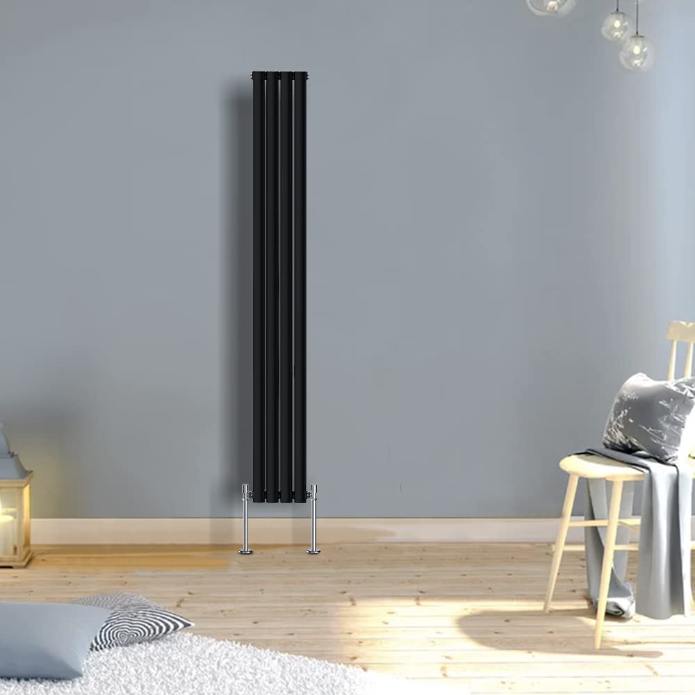 Warmehaus Black Modern Vertical Upright Tall Single Oval Panel Radiator 1800X236mm