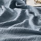 WDCOZY 100% Cotton Muslin Blanket Queen Size 4-Layer for Bed Breathable Lightweight Soft Large Boho Farmhouse Linen Tassels Ruffle Gauze Blankets All Season for Adults 90x90 Inches Dusty Blue