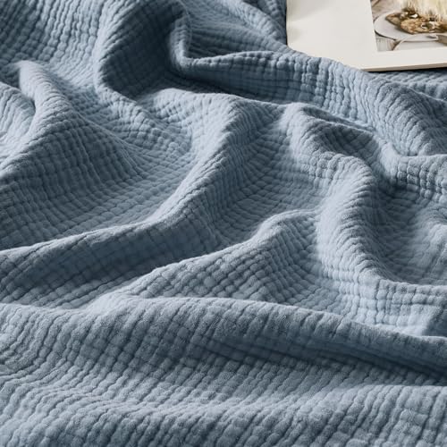 WDCOZY 100% Cotton Muslin Blanket Queen Size 4-Layer for Bed Breathable Lightweight Soft Large Boho Farmhouse Linen Tassels Ruffle Gauze Blankets All Season for Adults 90x90 Inches Dusty Blue