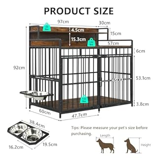 FEONASE Large Dog Crate with Storage, Dog Crate Furniture with 360° & Adjustable Raised Feeder, Heavy Duty Dog Cage large Steel & Waterproof, Brown