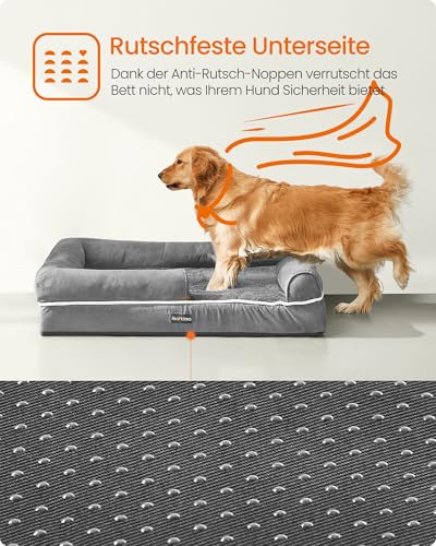 Feandrea Orthopädisches Hundebett, Hundekissen, Hundekorb, weiche Polsterung, Hundesofa, erhöhte Ränder, Bezug abnehmbar und waschbar, 112 x 81 x 18 cm, rutschfeste Unterseite, hellgrau PGW068G02V1