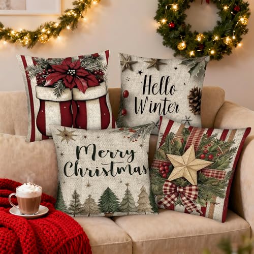 pazzocenter Christmas Throw Pillow Covers 18X18 Set of 4, Merry Christmas Gloves Winter Winter Holiday Cushion Case, Xmas Decorative Pillow Cases, Vintage Outdoor Living Room Pillow Covers
