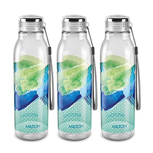 MILTON Helix 1000 Water Bottle, Set of 3, 1 Litre Each, Green, Reusable Plastic Fridge Bottle, BPA Free and Leak Proof Bottles for Travel, Work