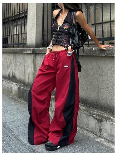Women's Y2K Baggy Pants Wide Leg Parachute Track Pants Elastic Waist Striped Color Block Sweatpants with Pocket3