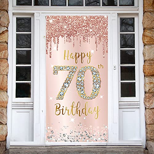 Image of 70th Birthday Door Banner Decorations for Women, Pink Rose Gold Happy 70th Birthday Door Cover Backdrop Party Supplies, Large Seventy Year Old Birthday Poster Sign Decor