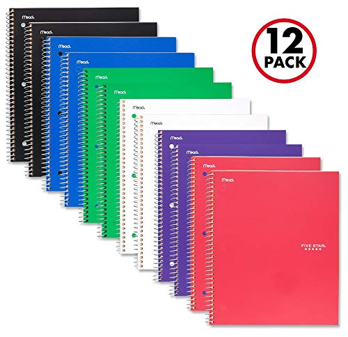 Five Star Spiral Notebooks, 1 Subject, Wide Ruled Paper, 100 Sheets, 10-1/2" x 8", Assorted Colors, 12 Pack (52166)