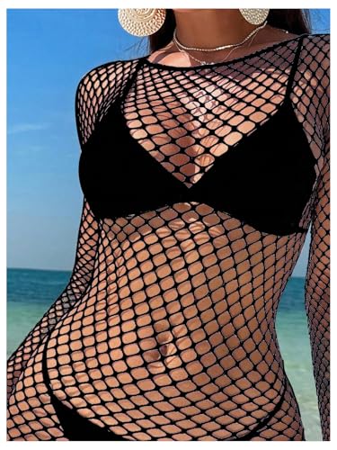 WDIRARA Women's Hollow Out Fishnet Cover Up Long Sleeve Sheer Mesh Beach Dress Coverups3